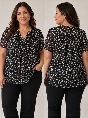 PerSeption Woman 1X Black White Print Ruffle Front Blouse Plus Size